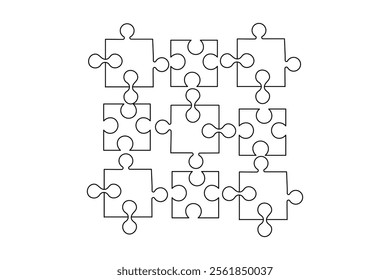 Puzzle icon continuous one line drawing and puzzle game isolated outline flat vector illustration