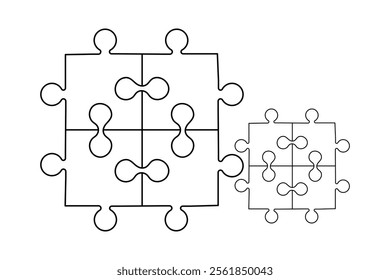 Puzzle icon continuous one line drawing and puzzle game isolated outline flat vector illustration
