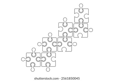 Puzzle icon continuous one line drawing and puzzle game isolated outline flat vector illustration