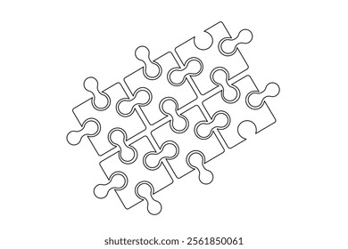 Puzzle icon continuous one line drawing and puzzle game isolated outline flat vector illustration