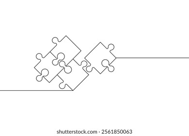 Puzzle icon continuous one line drawing and puzzle game isolated outline flat vector illustration