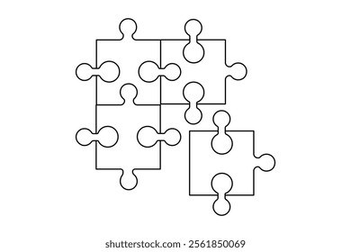 Puzzle icon continuous one line drawing and puzzle game isolated outline flat vector illustration