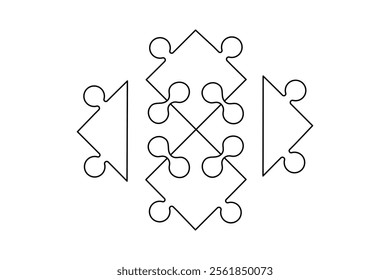 Puzzle icon continuous one line drawing and puzzle game isolated outline flat vector illustration