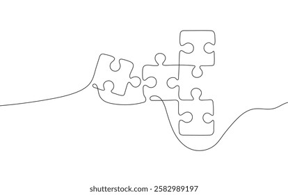 puzzle icon in a continuous one-line drawing style. A minimalist and abstract concept representing problem-solving, teamwork,