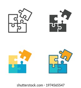 Puzzle icon in different style. Line, solid, flat, filled outline. Jigsaw symbol, pictogram, single, piece, business, teamwork logo concept. Vector illustration isolated on white background. EPS 10.