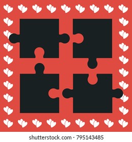 Puzzle icon flat. Simple black pictogram on red background with white hearts for valentines day. Vector illustration symbol