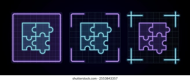 Puzzle icon illustration, cyber neon visual, glowing border grid vector.