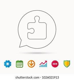 Puzzle icon. Jigsaw logical game sign. Boardgame piece symbol. Calendar, Graph chart and Cogwheel signs. Download and Shield web icons. Vector