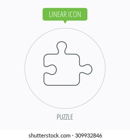 Puzzle icon. Jigsaw logical game sign. Boardgame piece symbol. Linear outline circle button. Vector