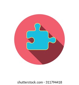 Puzzle icon. Jigsaw logical game sign. Board game piece symbol. Red flat circle button. Linear icon with shadow. Vector