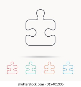 Puzzle icon. Jigsaw logical game sign. Boardgame piece symbol. Linear icons on white background. Vector