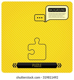 Puzzle icon. Jigsaw logical game sign. Boardgame piece symbol. Chat speech bubbles. Orange line background. Vector.