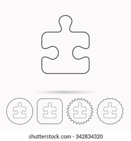 Puzzle icon. Jigsaw logical game sign. Boardgame piece symbol. Linear circle, square and star buttons with icons.