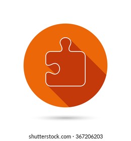 Puzzle icon. Jigsaw logical game sign. Boardgame piece symbol. Round orange web button with shadow.