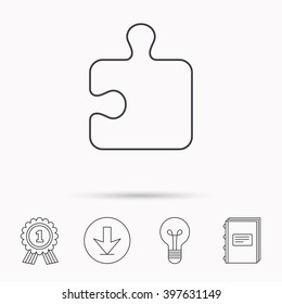 Puzzle icon. Jigsaw logical game sign. Boardgame piece symbol. Download arrow, lamp, learn book and award medal icons.