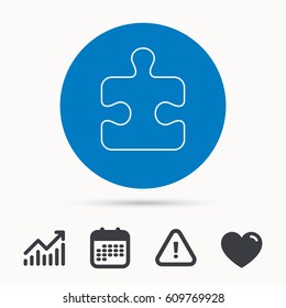 Puzzle icon. Jigsaw logical game sign. Boardgame piece symbol. Calendar, attention sign and growth chart. Button with web icon. Vector
