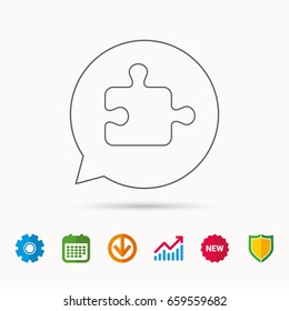 Puzzle icon. Jigsaw logical game sign. Boardgame piece symbol. Calendar, Graph chart and Cogwheel signs. Download and Shield web icons. Vector
