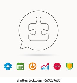 Puzzle icon. Jigsaw logical game sign. Boardgame piece symbol. Calendar, Graph chart and Cogwheel signs. Download and Shield web icons. Vector