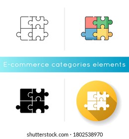 Puzzle icon. Jigsaw to solve problem. Metaphor for teamwork. Solution for game. Children toy. Combination of tiling. Match parts. Linear black and RGB color styles. Isolated vector illustrations