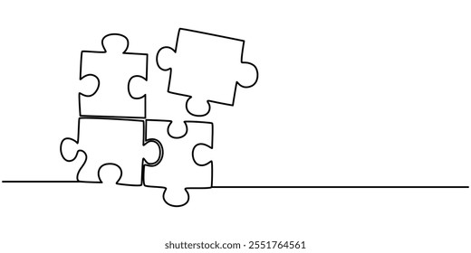 Vector de dibujo continuo de línea de iconos de rompecabezas. Fondo de Vector de icono de acertijo de una línea. Icono de trabajo de Equipo. Esquema continuo de un elemento que falta, Dibujo continuo de una línea de rompecabezas. Un dibujo de línea.