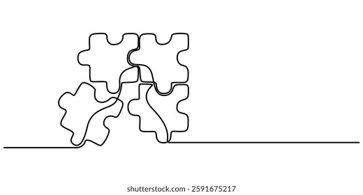 Puzzle icon line continuous drawing vector. One line Conundrum icon vector background. Team work icon, Puzzle Web Banner with Continuous Line, Problem Solving continuous line drawing with outline.