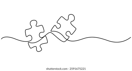 Puzzle icon line continuous drawing vector. One line Conundrum icon vector background. Team work icon, Puzzle Web Banner with Continuous Line, Problem Solving continuous line drawing with outline.