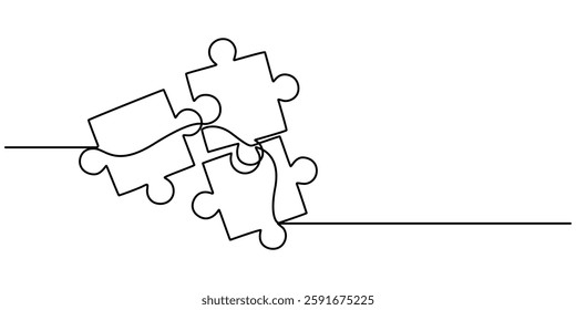 Puzzle icon line continuous drawing vector. One line Conundrum icon vector background. Team work icon, Puzzle Web Banner with Continuous Line, Problem Solving continuous line drawing with outline.