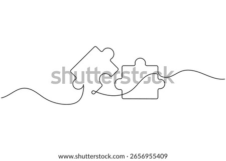 Puzzle icon line continuous drawing with problem solving isolate outline vector illustration