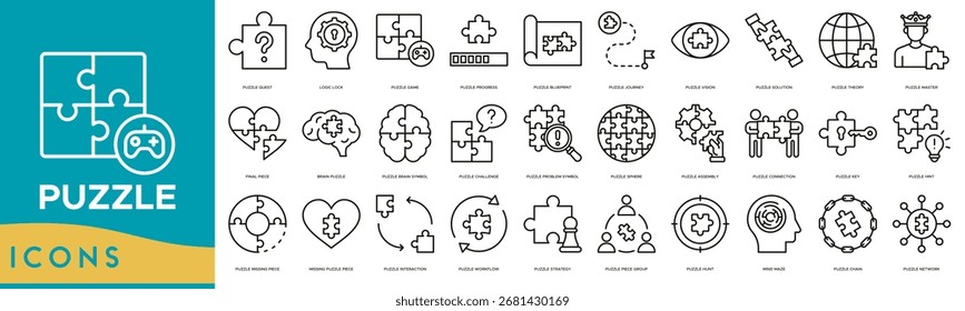 Puzzle-Symbol-Zeilensatz Puzzle Quest, Logic Lock, Puzzle-Spiel, Fortschritt, Blaupause, Puzzle Journey und Vision