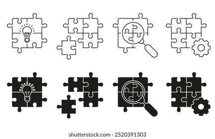 Ícone de quebra- cabeça com Lupa e Lâmpada. Símbolo de Solução. Desenvolvimento de Negócios, Peças de Quebra-cabeça e Linha de Cogwheel e Conjunto de Ícones de Silhueta. Traço editável. Ilustração de vetor isolada.