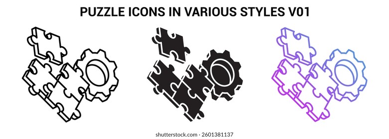 Puzzle icon represented by Puzzle simple symbol Line, Filled, Gradient style.