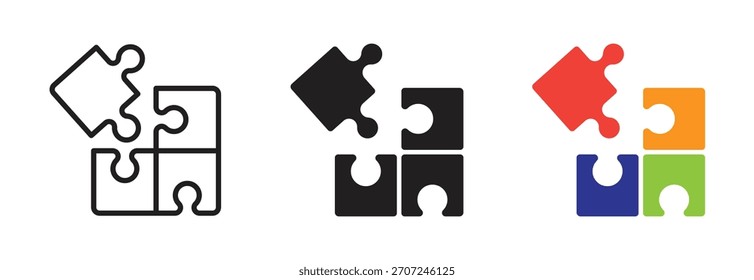 Conjunto de iconos de puzzle. Coherencia, conexión, concepto de trabajo en equipo. Signo de rompecabezas. Símbolo negro y colorido. Aislado en un fondo blanco. Trazo editable. Ilustración vectorial. Diseño plano.