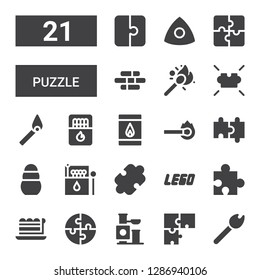 puzzle icon set. Collection of 21 filled puzzle icons included Match, Puzzle, Toy, Piece, Lego, Matches, Jenga, Chalk