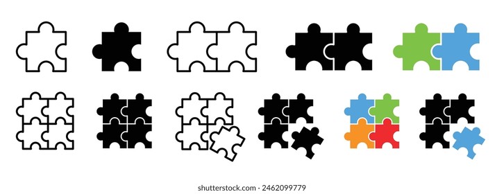 Puzzle icon set. problem solution pictogram. logic combination sign. one, two, four puzzle pieces vector symbols. perfect join fit icon. web plugin sign. 