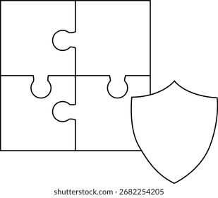 puzzle icon and shield icon with white background.with black lines