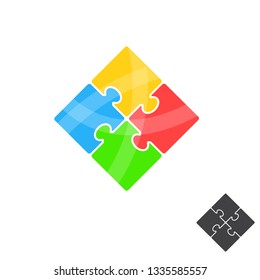 Puzzle icon. Simple stylish design. Color label and black silhouette. Flat style on white background. Site or card element. Successful teamwork. Vector illustration.