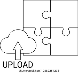 ícone de quebra-cabeça e ícone de upload com fundo branco.com linhas pretas