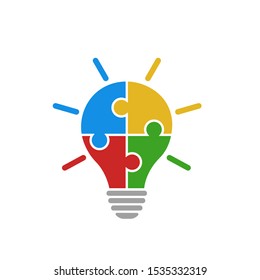 Puzzle icon vector. Bulb light icon from colored jigsaw puzzle pieces. Four puzzle pieces connected to each other. Vector illustration isolated on white background