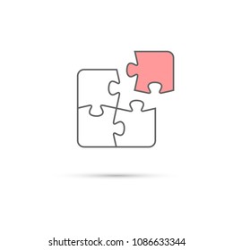 Puzzle icon. Vector white and pink puzzle pieces isolated on white background.