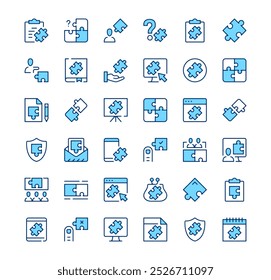 Puzzle icons. Outline symbols. Vector blue line icons set