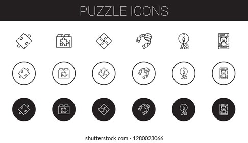puzzle icons set. Collection of puzzle with web plugin, toy, match. Editable and scalable puzzle icons.