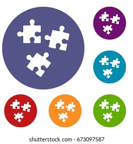 Puzzle icons set in flat circle reb, blue and green color for web