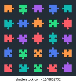 puzzle icons set, jigsaw parts and pieces inb all variations