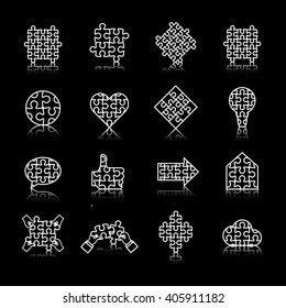 Puzzle Icons Set-Isolated On Black Background-Vector Illustration,Graphic Design. Collection Of Different Logotype,Modern Shape.New Flat Concept For Web,Websites