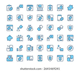 Puzzle icons. Vector line icon set. Modern outline design. Blue concept