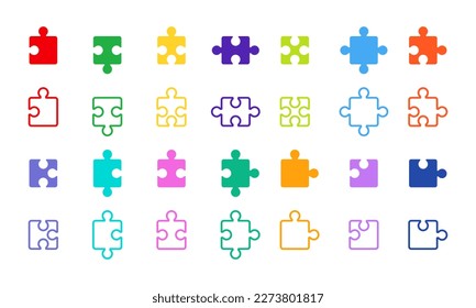 Iconos de rompecabezas establecidos en fondo blanco. Colección con rompecabezas de colores. Plantilla de colores de piezas de rompecabezas.