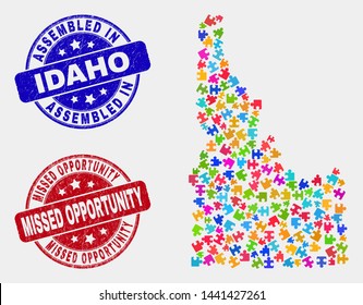 Puzzle Idaho State map and blue Assembled seal stamp, and Missed Opportunity scratched seal. Colorful vector Idaho State map mosaic of puzzle parts. Red round Missed Opportunity seal.