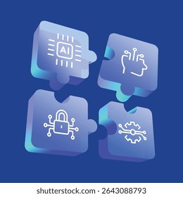 Puzzle Illustration Artificial Intelligence Concept Business Innovation Strategy. AI Jigsaw Pieces Icons as Unity Success Tech Company Solutions Technology Security System Gradient Futuristic Vector