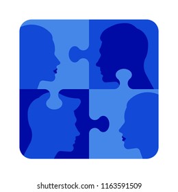 A puzzle with the image of female and male faces. Silhouettes of faces on parts of a puzzle. The concept of relations between people. Vector illustration.
