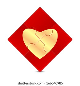 puzzle with the image of a gold heart on a red background.illustration of Valentine's Day.puzzle game isolated on white background.vector